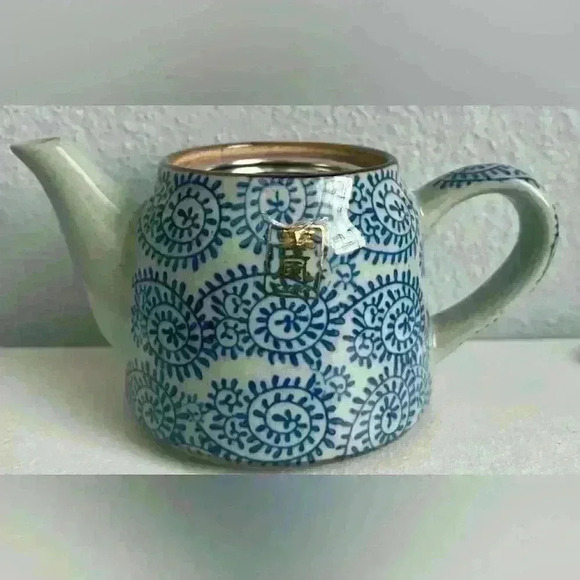 VTG Earthenware Blue Design Tea Set (5 Cups & Teapot With Strainer) - Picture 1 of 2